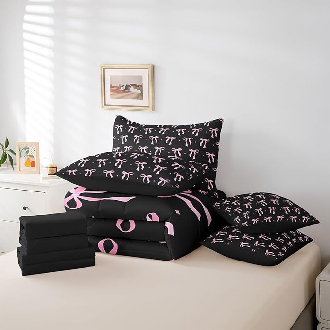 7 Pieces Pink Bowknot Kids Comforter Full,Stars Watercolor Bow Tie Patchwork Bedding Set,Butterfly Knot Princess Black Noble Chic（Comforter+Fitted+Flat Sheet+2 Pillowcases+2 Throw Pillow Covers）