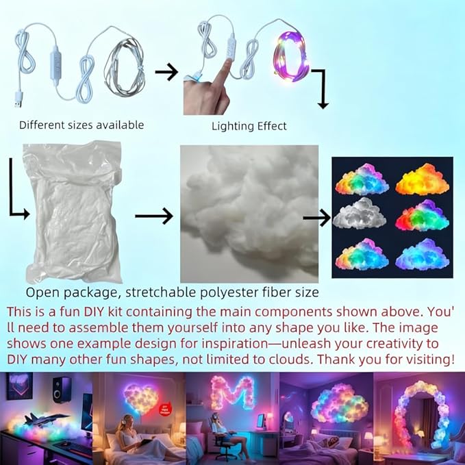 LED Cloud Light with Music Rhythm, 2025 New Cloud Lights for Ceiling,Bedroom,Gaming Room, Music-Sync Dynamic Lighting Effect, Cool Stuff for Boys, For Ceiling Bedroom Office Party (314.9in LED light)