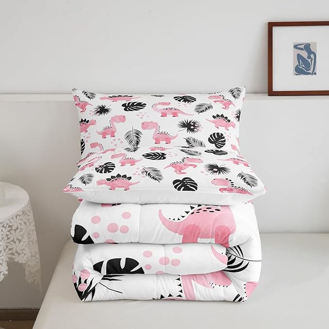 Cartoon Pink Dinosaur Twin Size Comforter Set,Watercolor Cute Animals Duvet Set Soft Bed Collection,Palm Leaf Tropical Plants Bedding Comforter for Boys Girls Bedroom,2 Pcs