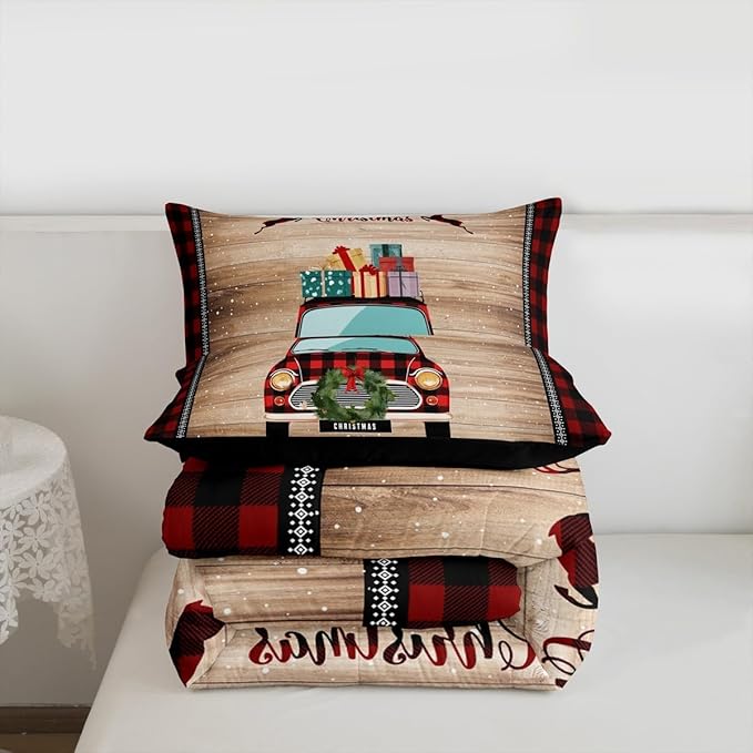 Snowflake Deer Red Plaid Comforter Set with 2 Pillowcases,Rustic Farmhouse Brown Wooden Super Soft Microfiber Bedding Set for Adults Teens,Christmas Plaid Truck Duvet Set for Room Decor,King