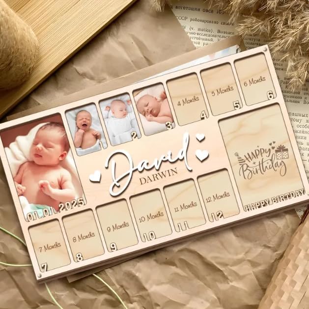 Wooden My First Year Picture Frame – Custom Photo Frame for Baby Girl 1st Birthday, Personalized Picture Frames Gift, One Year Old Birthday Photo Board, Photo Display Wall Art