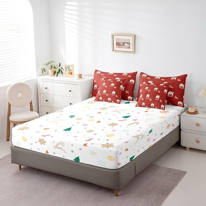 Santa Claus Bed Set Christmas Deer Bed in a Bag for Kids Boys Girls Winter Snowflake Comforter Set with Sheets Merry Christmas Khaki Red Bedding Set Bedroom Collection Queen Size