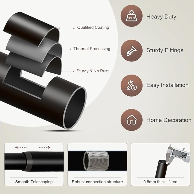 Black Curtain Rods for Windows 48 to 84 Inches Adjustable Heavy Duty 1" Diameter Window Curtain Rod with Decorative Finials for Outdoor Farmhouse Bedroom Kitchen Living Room