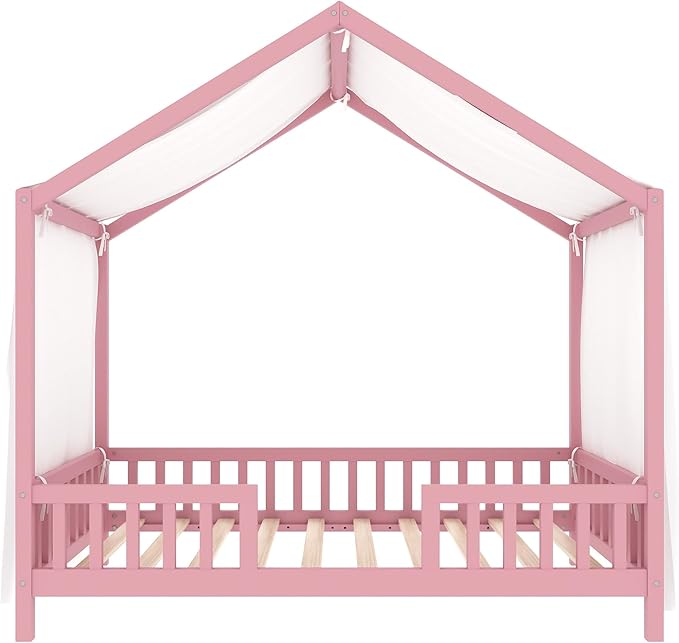 Montessori Floor Bed with Canopy, High Railings and Roof, Twin Size Wood House Bed Frame for Kids Bedroom (Pink/C2)