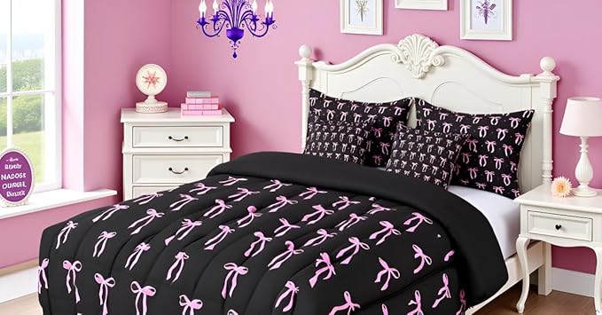 7 Pieces Pink Bowknot Kids Comforter Twin,Stars Watercolor Bow Tie Patchwork Bedding Set,Butterfly Knot Princess Black Noble Chic（Comforter+Fitted+Flat Sheet+2 Pillowcases+2 Throw Pillow Covers）