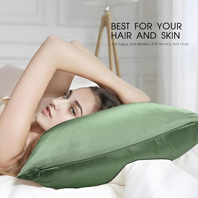 100% Mulberry Silk Zippered Bed Pillowcase for Hair and Skin,Zip Up Real Silk Large Pillow Case,19 Momme Grade 6A,1pc,Sage Green,Super King Size 20x36 Inches