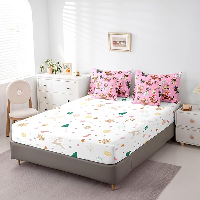 Feelyou Xmas Dog Bedding Set Cute Dog Christmas Style Comforter Set with Sheets 3D Animal Bed in a Bag for Boys Girls Children Teens Bedroom Decor Pink Bed Set 7Pcs Queen Size