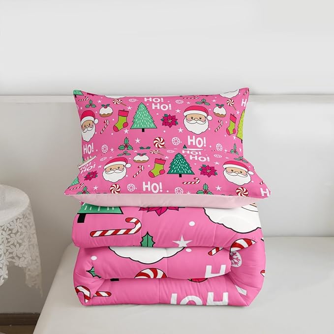 Feelyou Pink Merry Christmas Comforter Set All Season Santa Claus Bedding Set with 1 Pillow Cases Xmas Microfiber Kids Twin Bedclothes Happy New Year Bedroom Decor Duvet Quilt Soft Lightweight