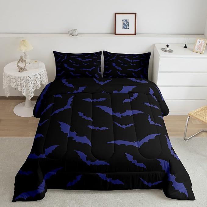 Erosebridal Bat Comforter Set Toddler Size for Kids Boys Youth Halloween Decor Bedding Set Purple Bats Quilt Gothic Spooky Cartoon Down Comforter with 1 Pillow Case,Black