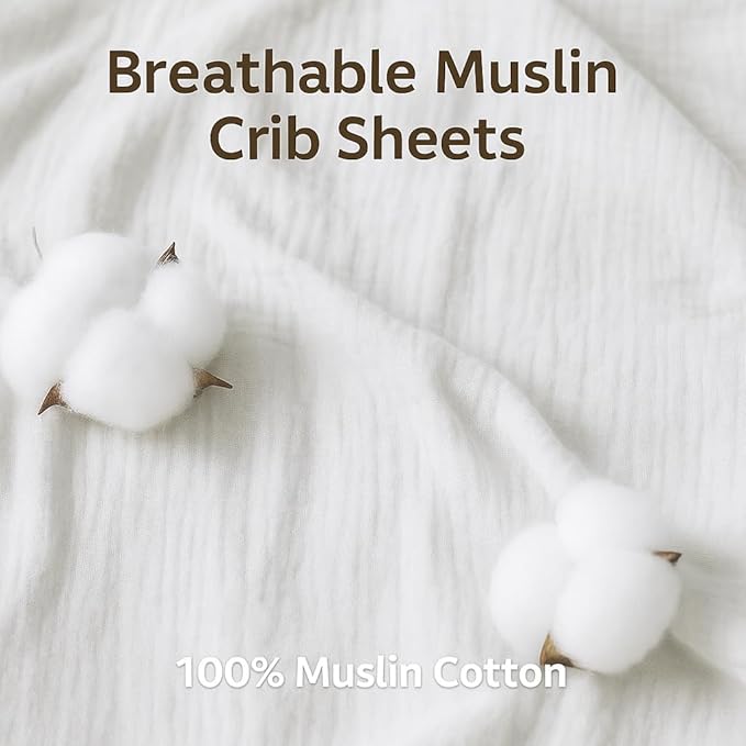 White Muslin Crib Sheets Set of 2, 52x28 Crib Mattress Sheets Soft Muslin Cotton, Fits Standard Rectangular & Oval Mattress, Neutral Nursery Bedding, No Shrinking, Fitted Crib Sheet