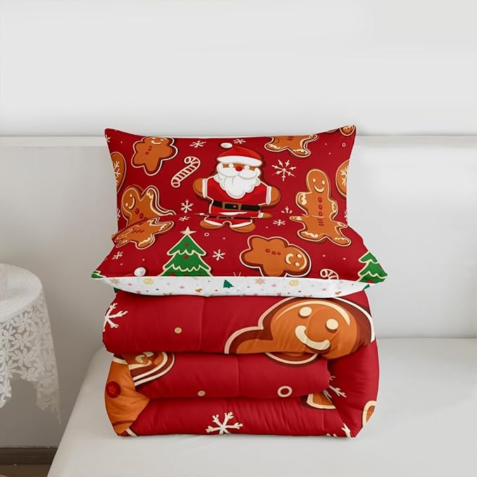 Feelyou Christmas Kids Comforter Set King Size Santa Bedding Set Gingerbread Man Duvet Quilt for Kids Boys Girls Bedroom Xmas Tree Snowflake Decor Microfiber Ultra Soft Breathable