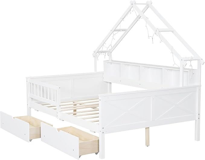Bellemave Full House Platform Bed with Drawers Wood House Bed with Storage Shelves and LED Lights House Platform Bed Frame for Kids, Teens, Adults, No Spring Box Needed (White)