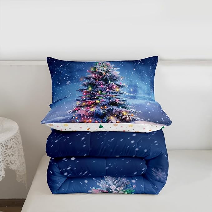 Feelyou Christmas Comforter Set All Season Xmas Tree Bedding Set with 2 Pillow Cases Colored Light Strips Microfiber Kids King Bedclothes Snowflake Bedroom Decor Duvet Quilt Breathable Soft