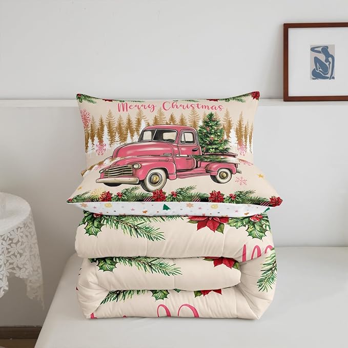Erosebridal Christmas Comforter Sets Merry Xmas Tree Bedding Sets Twin Red Truck Painting Down Comforter,Lattice Decor Bed Set for Kids Boys Girls Teens Bedroom Decor,Reversible