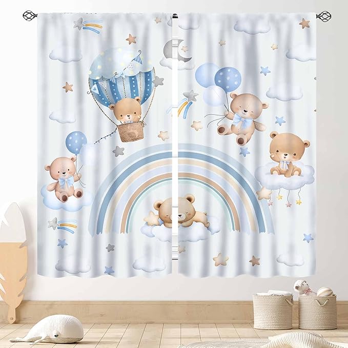 Bear Curtains for Kids Room, Baby Boys Girls Cute Lovely Bear Cloud Boho Rainbow Pastel Blue Window Drapery Treatments for Living Room Bedroom Nursey Toddler Classroom 2 Panels, 42"x54" Inch