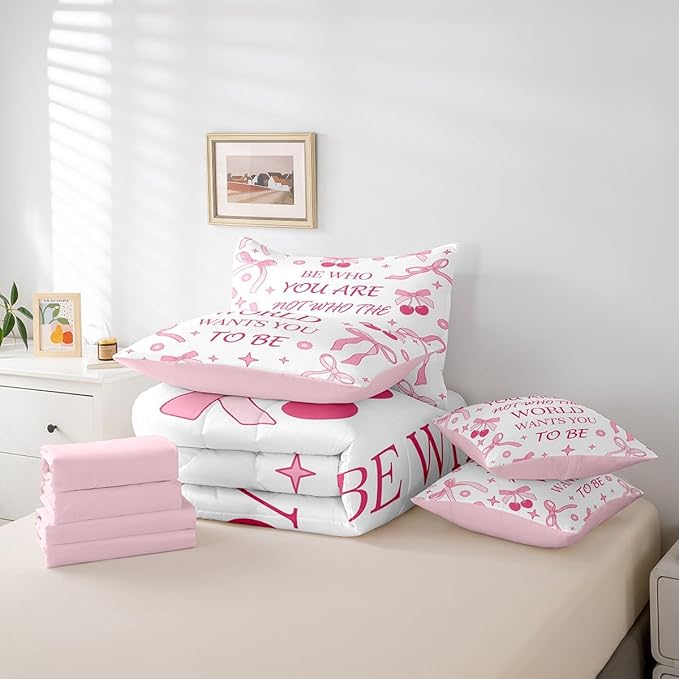7 Pieces Pink Bowknot Kids Comforter Set Twin,Cherry Tropical Fruit Cute Princess Bedding Set,Bow Tie Stars Daisy Floral Romantic（Comforter+Fitted+Flat Sheet+2 Pillowcases+2 Throw Pillow Covers）