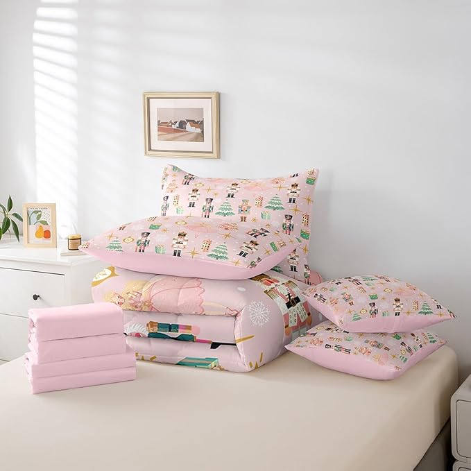 Erosebridal 7Pcs Pink Christmas Comforter Set Full Size,Christmas Nutcracker Bedding Set,Dreamy Castle Princess Bed in A Bag,Xmas Galaxy Snow Quilt with Flat Fitted Sheet for Kids Boys Girls