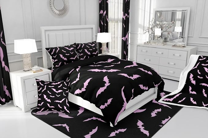Erosebridal Halloween Bedding Set Queen Size for Kids Boys Youth Pink Bats Comforter Set Happy Holiday Gothic Quilt with 2 Pillow Cases Spooky Animal Bedding Comforter Sets