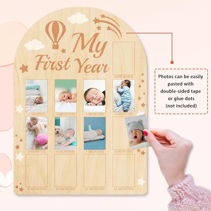 ORIGACH My First Year Baby Growth Photo Display Wood Board - 12 Months Newborn Milestones Picture Frame - Neutral Baby Keepsake Board 1st Birthday Party Nursery Decor New Mom Gift - Hot Air Balloon