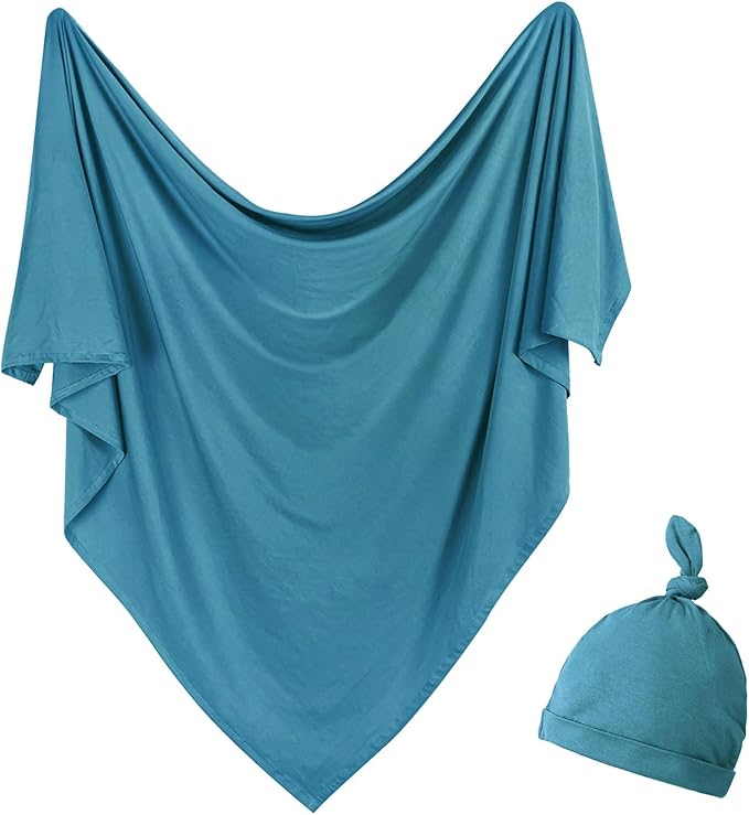 Newborn Swaddle Blanket with Hat Set Baby Swaddle Set Hospital Receiving Blankets for Girls Boys(Teal)