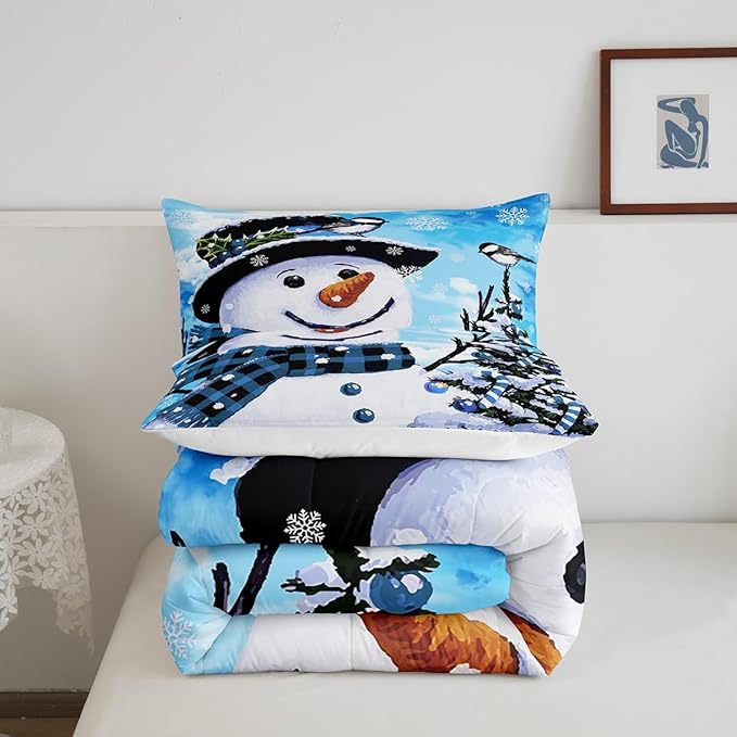 Feelyou Kids Christmas Theme Decorations Bedding Set Xmas Snowman Comforter Set for Boys Girls Cute Comforter Blue Bedroom Collection Twin Size