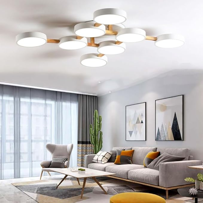 LED Flush Mount Ceiling Light Fixture with 3000K/4000K/6000K Temperatures Selectable,44Inch 96W Chandelier Modern Wood Ceiling Lamp for Bedroom Kitchen, 8-Lights Indoor Lighting White Pendant Light