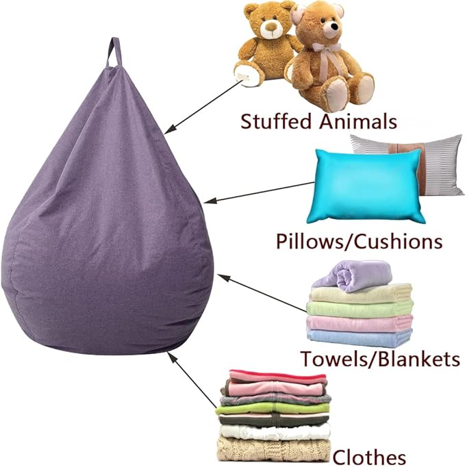 Stuffed Animal Storage Bean Bag Cover (No Filler) Extra Soft Beanbag Seat Chair Covers-Cotton Linen Memory Foam Beanbag Replacement Cover for Adults Children without Filling