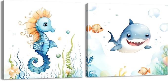 2 Piece Ocean Sea Canvas Wall Art for Nursery Decor - Cute Baby Seahorse Shark Underwater Paintings Pictures Ocean Theme Sea Life Posters Prints for Kids Room Bathroom Decor(Artwork-02, 24"x24"x2P)