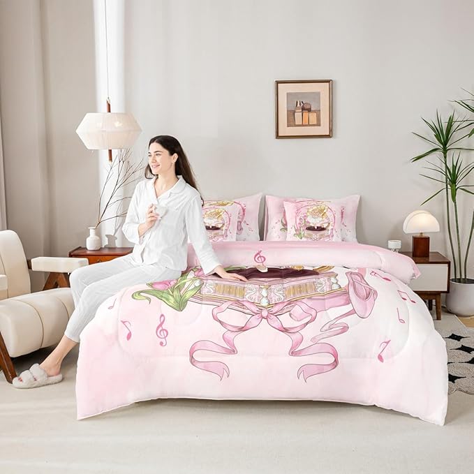 Ballerina Bear Kids Comforter King Size,Record Player Music Note Ballet Shoe 7 Pcs Bedding Set,Bowknot Bow Tie Princess Room Decor,Pink Romantic （Fitted+Sheet+2 Pillowcases+2 Throw Pillow Covers）