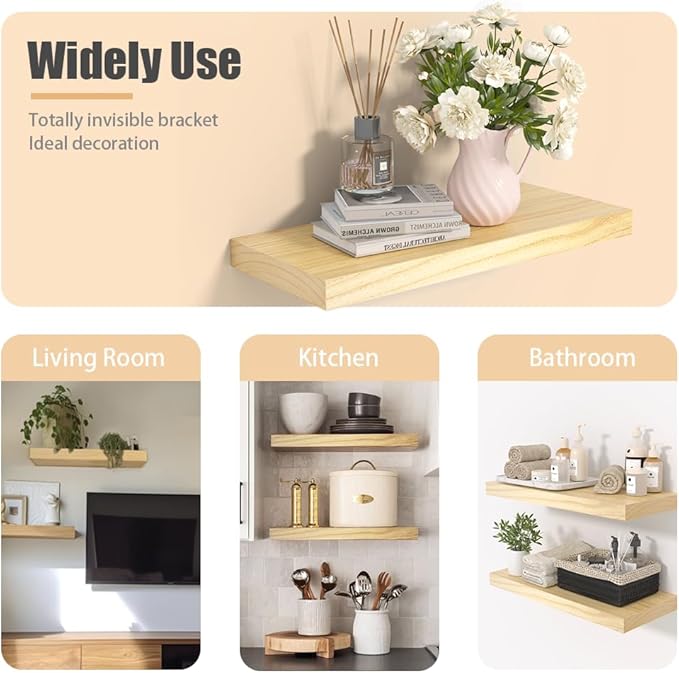 Habudda Floating Shelves for Wall, Natural Wood Shelf Decor for Bathroom Kitchen Bedroom, Hanging Mounted Invisible Bracket, Small 17 inch, Rustic Burlywood