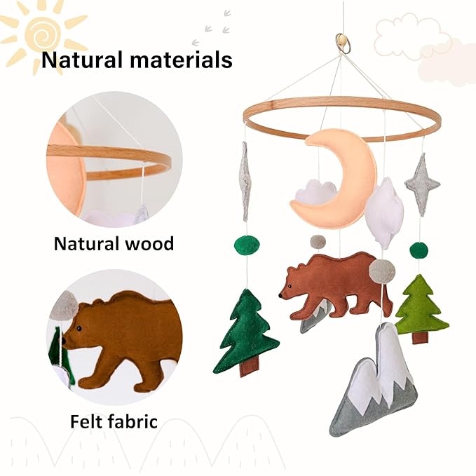 Woodland Baby Mobile, Woodland Mobile for Crib, Bear Crib Mobile for Boys, Nursery Mobile for Bassinet, Pack and Play, Bear Cloud Moon Star Mobile, Mountain Nursery Decor