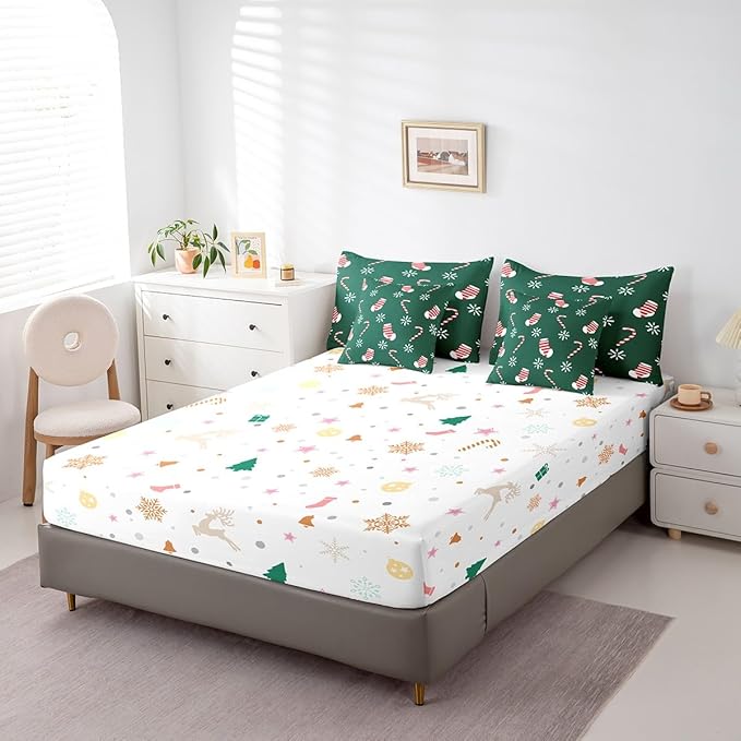 Merry Christmas Kids Bedding Set Xmas Theme Comforter Set with Sheets for Boys Girls Christmas Stockings Snowflake Decor Bed in a Bag Green Pink Xmas Theme Bed Set 7Pcs King Size