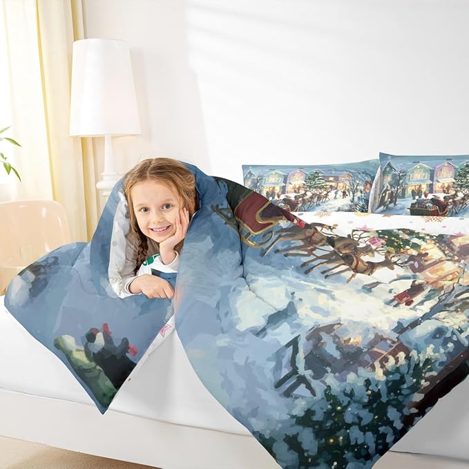Feelyou Watercolor Christmas Comforter Set King Size Santa Claus Bedding Set for Kids Boys Girls Reindeer Sled Duvet Quilt Xmas Tree Bedroom Decor Microfiber 3 Pcs with 2 Pillow Cases