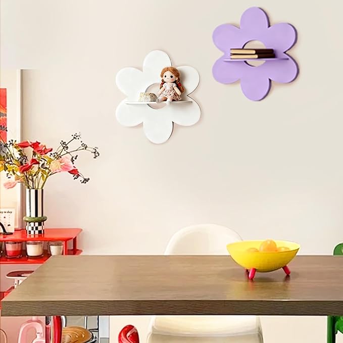 Cute Shelf Pink Floating Shelves, 2Pcs Flower Shaped Green Floating Shelves Display Daisy Decor for Bathroom Livingroom Bedroom Shelves (Purple White)