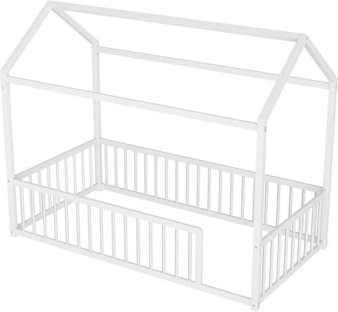 Montessori Style Metal Floor Bed Frame, House Shaped Bed with Fence for Kids and Toddlers, Easy Assemble, No Slats, Twin Size, White