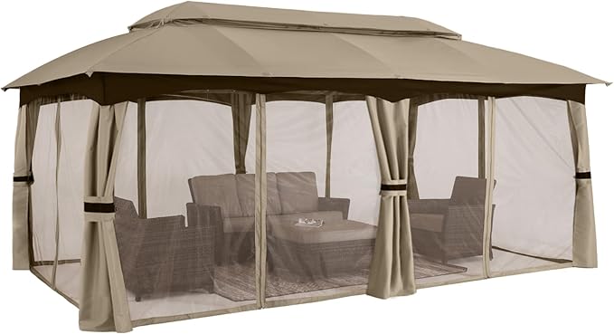 ABCCANOPY Outdoor Patio Gazebo 10x20 - Double Roof Canopy with Mosquito Netting for Backyard, Deck, Garden, Lawn, Khaki