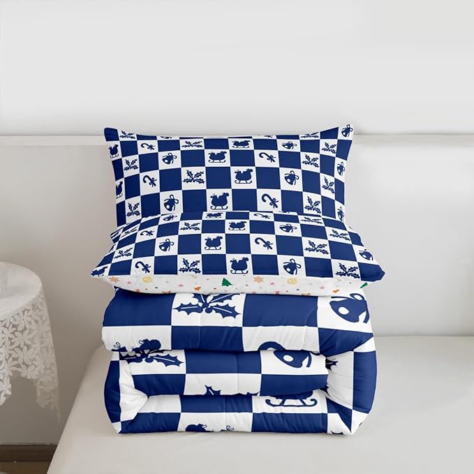 Feelyou Christmas Comforter Set All Season Checkered Pattern Bedding Set with 2 Pillow Cases Holiday Theme Kids Full Bedclothes Xmas Decor Room Decor Blue Duvet Quilt Breathable Soft Lightweight