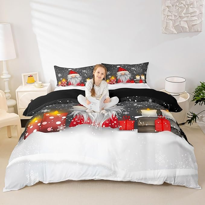 Feelyou Kids Grey Christmas Bedding Set King Size Xmas Dwarf Duvet Cover for Boys Girls Teens Bedroom Decor Snowflake Comforter Cover Breathable Soft Microfiber Women Men Holiday with 2 Pillow Case