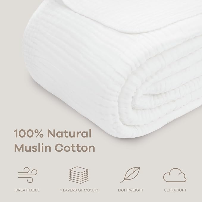Comfy Cubs Muslin Blanket for Adults King 108" x 90" - 6 Layer Soft, Breathable & Lightweight Muslin Adult Blanket - Machine Washable & Designed in The US Bedding for All Seasons - White