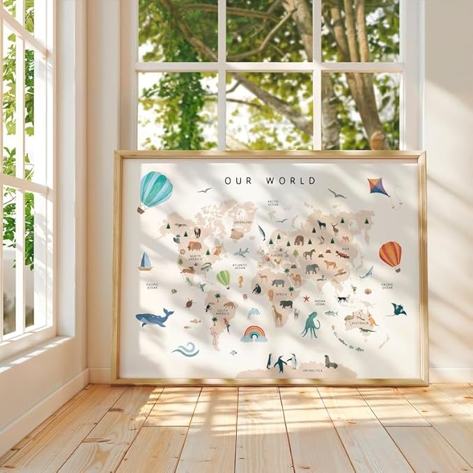 OZCONO Animal World Map Poster, Kids Educational Geography Decor, Safari Animals Nursery Art, Montessori Learning Wall Print (Unframed) (11x14)