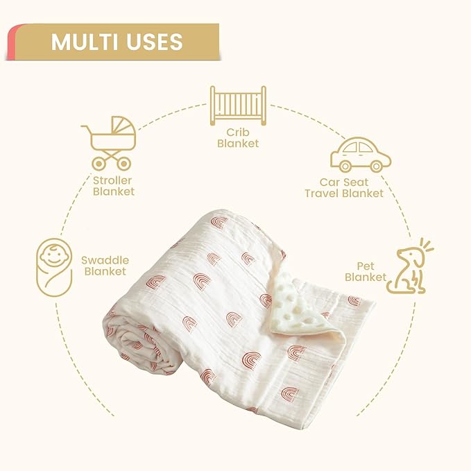 david's kids Muslin Minky Baby Blanket for Boys Girls with Muslin Cotton Front and Dotted Fleece Backing, Breathable and Soft Lightweight Receiving Blanket for Newborns, 40x50 Inches, Rainbow