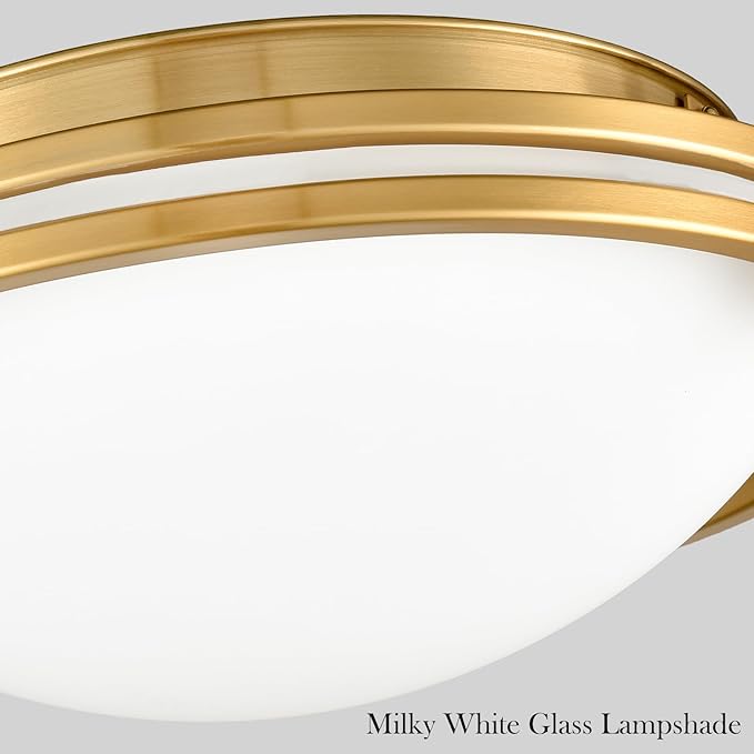 Modern Gold Flush Mount Ceiling Light 12 Inches Milk Glass Ceiling Light Fixture 2-Light Mid Century Brass Flush Mount Light for Bedroom Hallway Kitchen