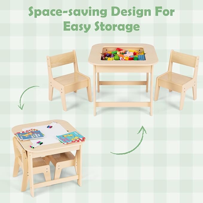 INFANS Kids Table and Chair Set, 3 in 1 Wooden Activity Table with Removable Tabletop, Blackboard and Whiteboard for Toddlers Arts Crafts Drawing Reading Playing, Playroom Nursery (Natural)