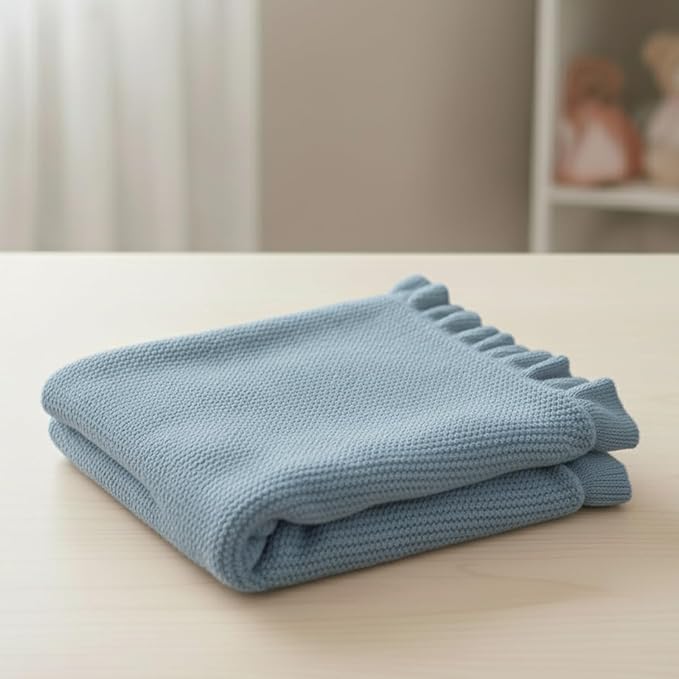Cotton Baby Blanket with Ruffle Edge Soft Breathable Newborn Blanket for Boys & Girls, Lightweight Knit Throw for Crib, Stroller & Nursery Multiple Colors Available Blue 30x40