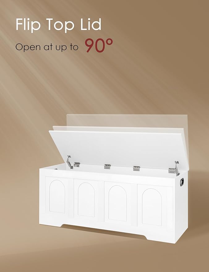 DINZI LVJ Storage Chest, 47.2" Rattan-Like Toy Box with 2 Safety Hinges, Wooden Entryway Storage Bench with Flip-Top, Large Trunk for Living Room, Bedroom, Easy Assembly, White