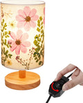 Dried Flowers Small Table Lamp 9W LED Dimmable Warm Light Pressed Flower Bedside Lamp Linen Shade with Wood Base for Bedroom Living Room Desk Nursery