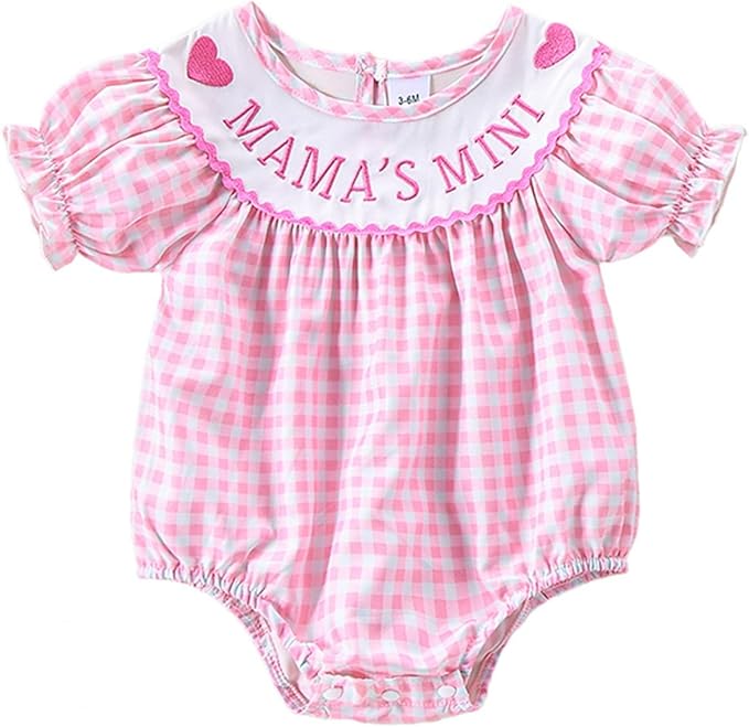 Newborn Baby Girl Romper Mamas Mini Bow Plaid Print Puff Sleeve Smocked Bubble Romper Jumpsuit Bodysuit Clothes