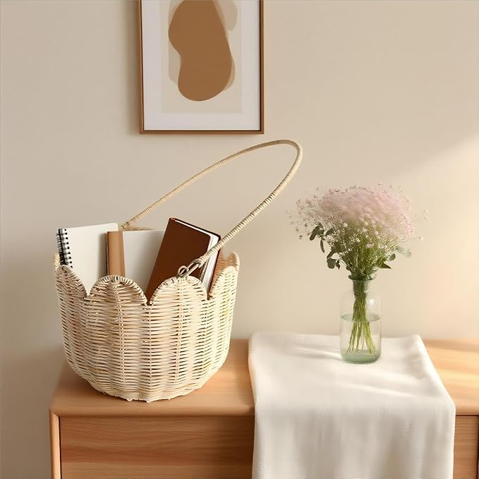 Scalloped Edge Round Basket with Handle, Super Sturdy Wicker Storage Baskets, Hand Woven Basket for Shelves,Natural Baskets for Organizing (White Rattan, 10.2"*10.2"*7.3")