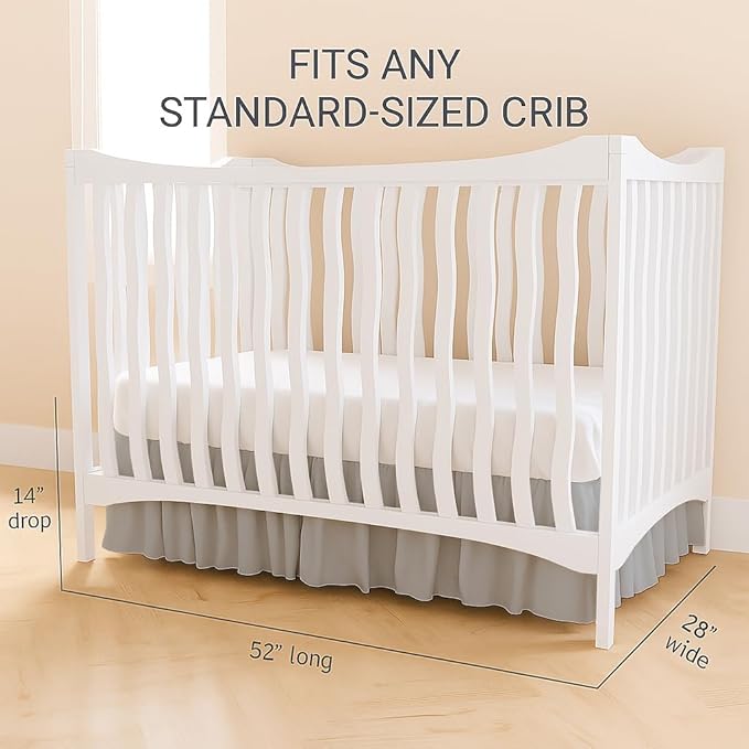 Crib Bed Skirt Dust Ruffle with Split Corners - 100% Cotton - Nursury Standard Crib Bedding Toddler Bedskirt for Baby Boys or Baby Girls - 14" Drop - Light Grey Crib Skirt