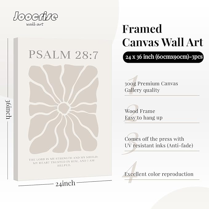 Scripture Christian Wall Art Set of 3 Beige Bible Verses Wall Decor Neutral Psalm Canvas Wall Art Modern Pictures Flower Prints Christian Artwork for Living Room Bedroom 24x36 Inch Ready to Hang